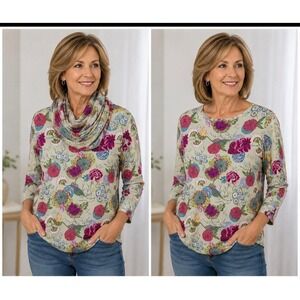 Leggiadro Womens XL Floral 3/4 Sleeve Top Matching Scarf Luxury Garden Party